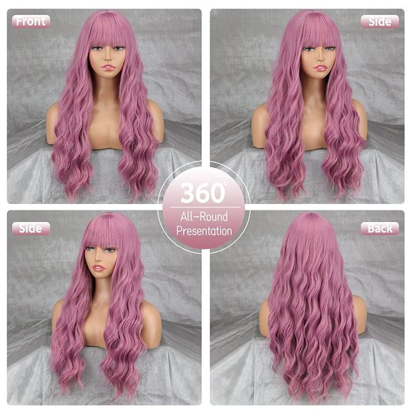 Dark Pink Wig with Bangs - Picture 2 of 3